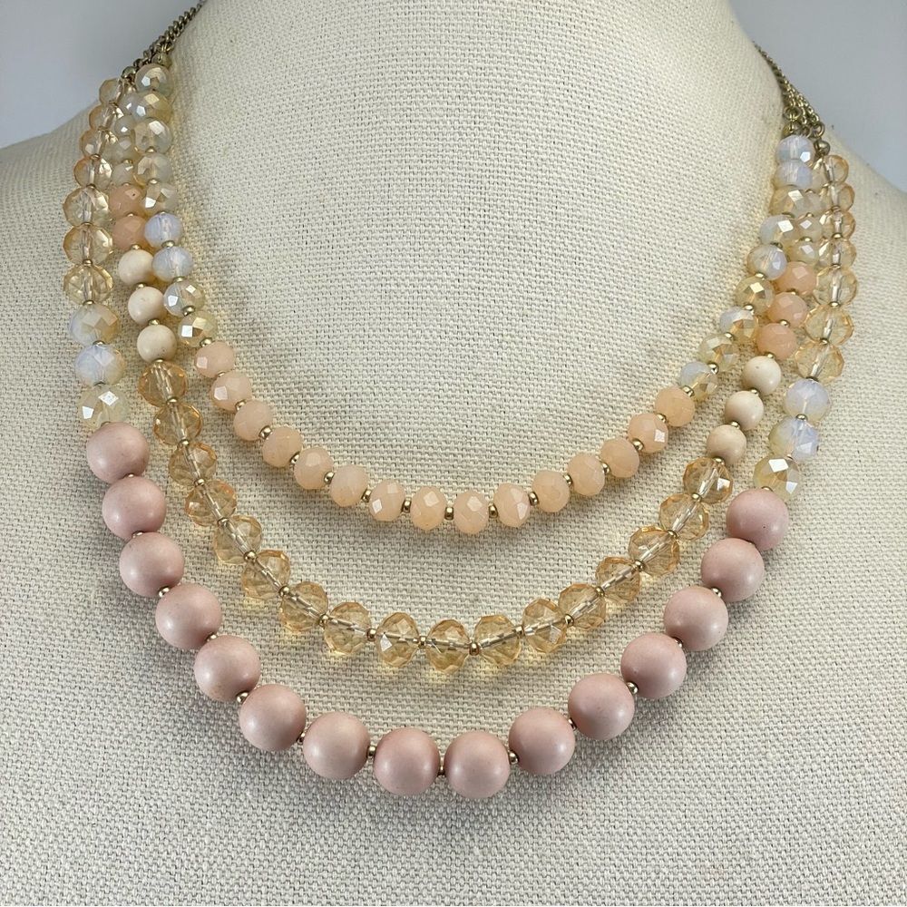 The Limited Gold Tone Blush Angle White Glass Wood Beaded Multi Layered Necklace